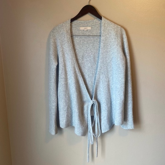 LOFT wool blend tie front oversized relaxed fit neutral cardigan - Picture 2 of 9